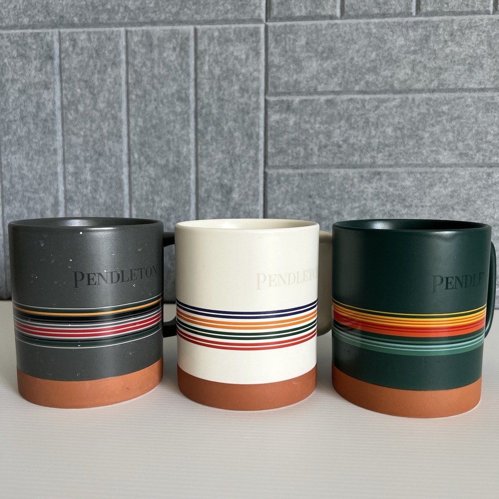 3 Pendleton Woolen Mill 18oz Coffee Mugs Striped Blanket Stoneware Cups